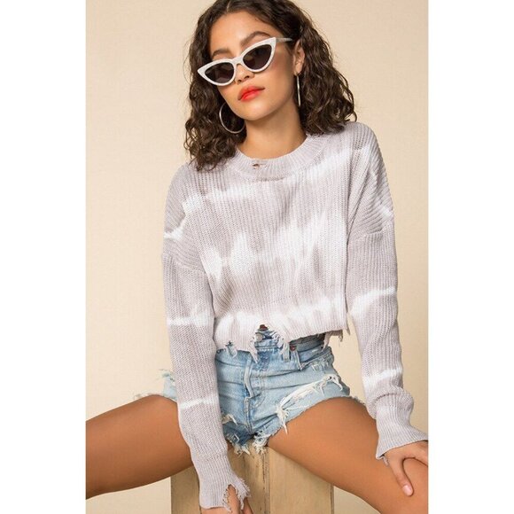 Superdown Ella  Distressed Gray  Tie-Dye Cropped Knit Sweater Size Medium - Picture 1 of 11
